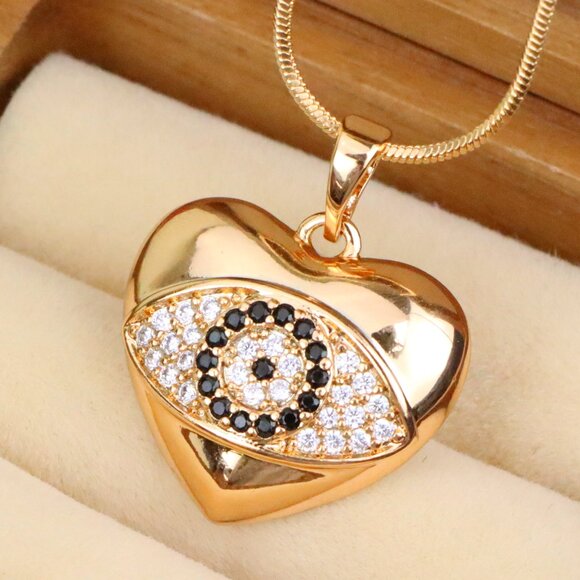 "Heart Evil Eye Rose Gold Pendant with Crystals, XPPT1582 - Picture 1 of 13